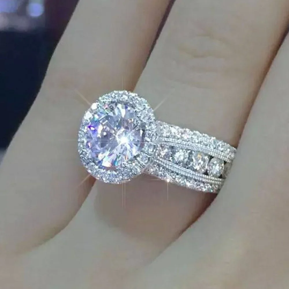😍NEW QUEEN💍Silver (Stamped s925) Round Cut Halo Bridal Promise Ring, F007